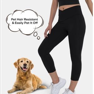 Patitoff Pet Hair Resistant High Waisted Crossover Plain Capri Leggings